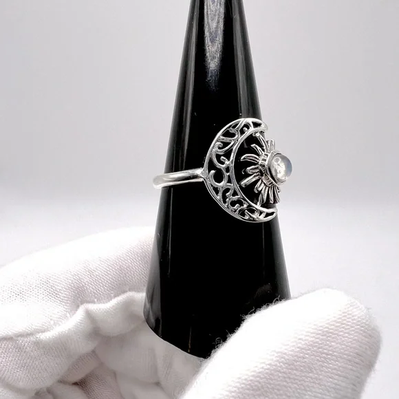 Genuine Rainbow Moonstone .825 Sterling Silver Filigree Crescent Moon & Sun Ring - Picture 4 of 17